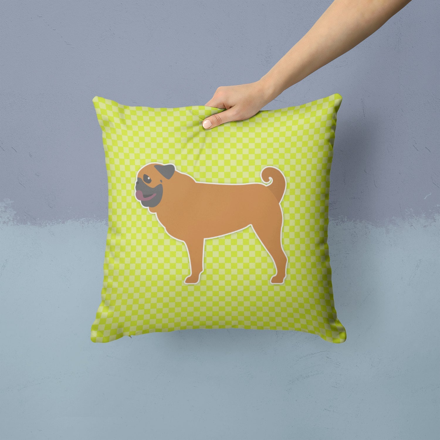 Pug Checkerboard Green Decorative Throw Pillow 14x14 Indoor Outdoor Accent Cushion, Fabric Cover with Insert for Sofa, Bed, Porch & Living Room