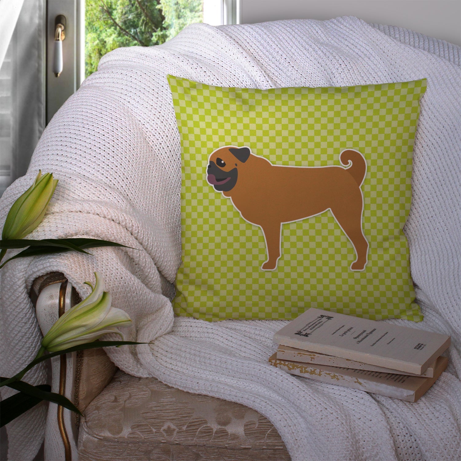 Pug Checkerboard Green Decorative Throw Pillow 14x14 Indoor Outdoor Accent Cushion, Fabric Cover with Insert for Sofa, Bed, Porch & Living Room
