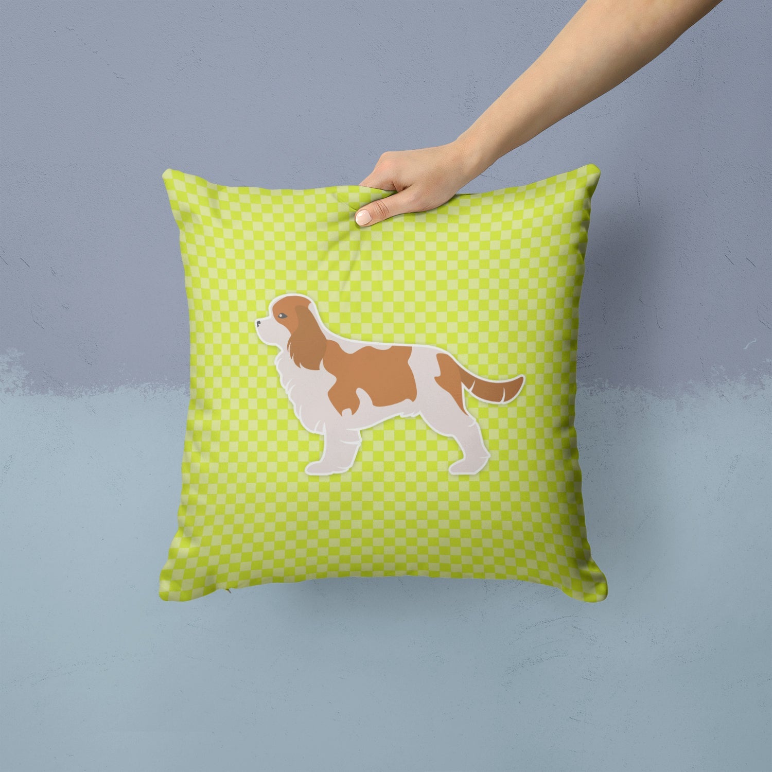 Cavalier King Charles Spaniel Checkerboard Green Decorative Throw Pillow 14x14 Indoor Outdoor Accent Cushion, Fabric Cover with Insert for Sofa, Bed, Porch & Living Room