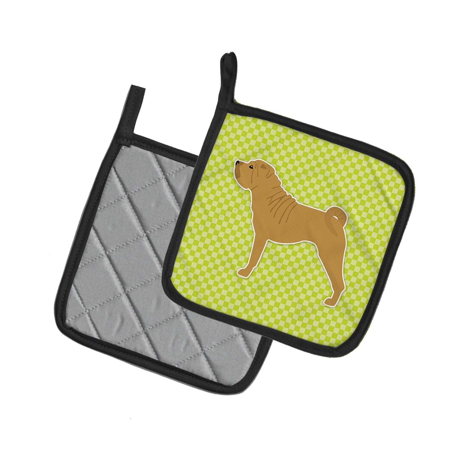 Shar Pei Checkerboard Green Pot Holder Set of 2 Heat Resistant Quilted Hot Pads 7.5 x 7.5 Inch, Insulated Kitchen Trivets for Cooking & Baking