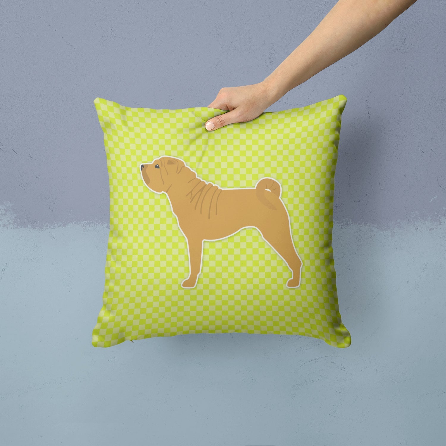 Shar Pei Checkerboard Green Decorative Throw Pillow 14x14 Indoor Outdoor Accent Cushion, Fabric Cover with Insert for Sofa, Bed, Porch & Living Room