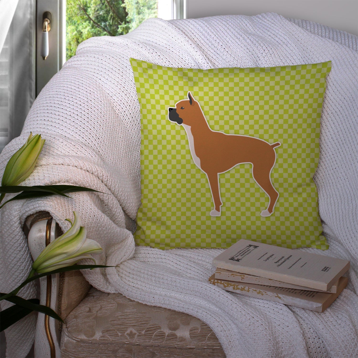 Boxer Checkerboard Green Decorative Throw Pillow 14x14 Indoor Outdoor Accent Cushion, Fabric Cover with Insert for Sofa, Bed, Porch & Living Room
