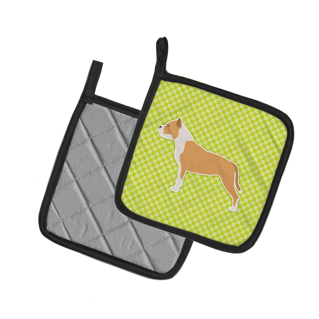 Staffordshire Bull Terrier Checkerboard Green Pot Holder Set of 2 Heat Resistant Quilted Hot Pads 7.5 x 7.5 Inch, Insulated Kitchen Trivets for Cooking & Baking