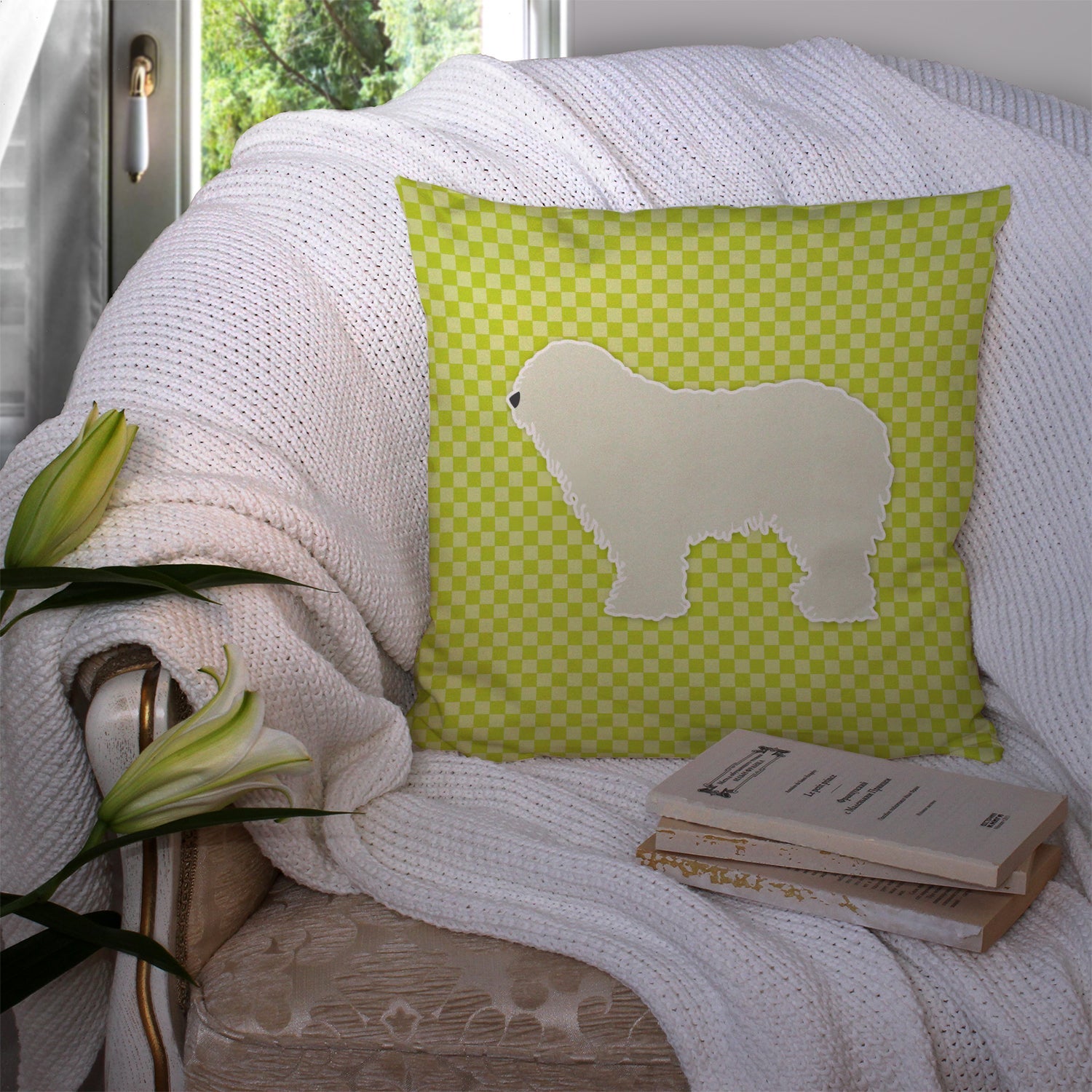 Komondor Checkerboard Green Decorative Throw Pillow 14x14 Indoor Outdoor Accent Cushion, Fabric Cover with Insert for Sofa, Bed, Porch & Living Room