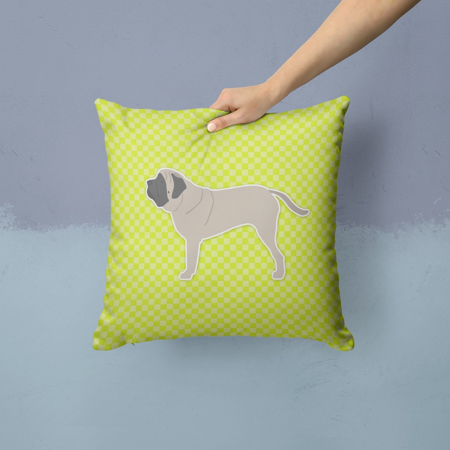 English Mastiff Checkerboard Green Decorative Throw Pillow 14x14 Indoor Outdoor Accent Cushion, Fabric Cover with Insert for Sofa, Bed, Porch & Living Room