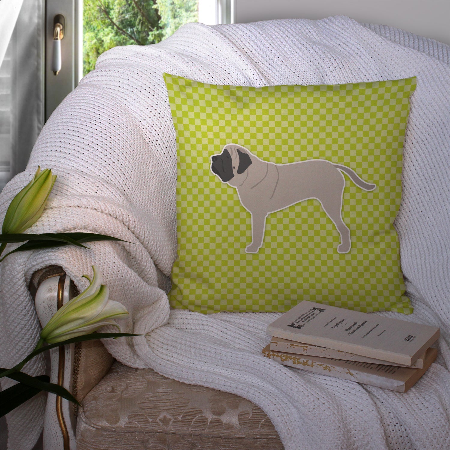 English Mastiff Checkerboard Green Decorative Throw Pillow 14x14 Indoor Outdoor Accent Cushion, Fabric Cover with Insert for Sofa, Bed, Porch & Living Room