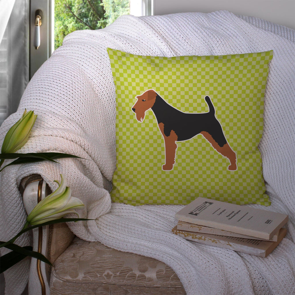 Airedale Terrier Checkerboard Green Decorative Throw Pillow 14x14 Indoor Outdoor Accent Cushion, Fabric Cover with Insert for Sofa, Bed, Porch & Living Room
