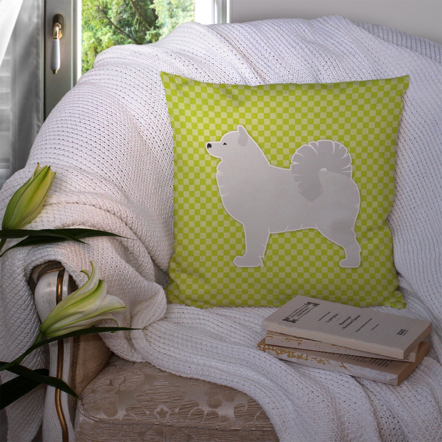 Samoyed Checkerboard Green Decorative Throw Pillow 14x14 Indoor Outdoor Accent Cushion, Fabric Cover with Insert for Sofa, Bed, Porch & Living Room
