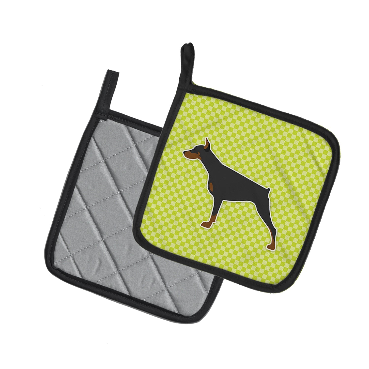 Doberman Pinscher Checkerboard Green Pot Holder Set of 2 Heat Resistant Quilted Hot Pads 7.5 x 7.5 Inch, Insulated Kitchen Trivets for Cooking & Baking