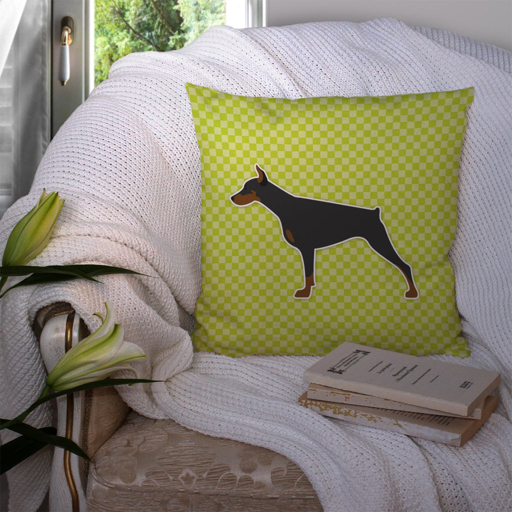 Doberman Pinscher Checkerboard Green Decorative Throw Pillow 14x14 Indoor Outdoor Accent Cushion, Fabric Cover with Insert for Sofa, Bed, Porch & Living Room