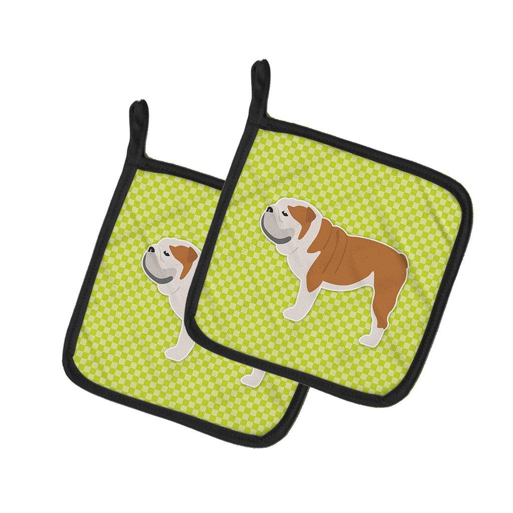 English Bulldog Checkerboard Green Pot Holder Set of 2 Heat Resistant Quilted Hot Pads 7.5 x 7.5 Inch, Insulated Kitchen Trivets for Cooking & Baking