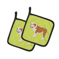 English Bulldog Checkerboard Green Pot Holder Set of 2 Heat Resistant Quilted Hot Pads 7.5 x 7.5 Inch, Insulated Kitchen Trivets for Cooking & Baking