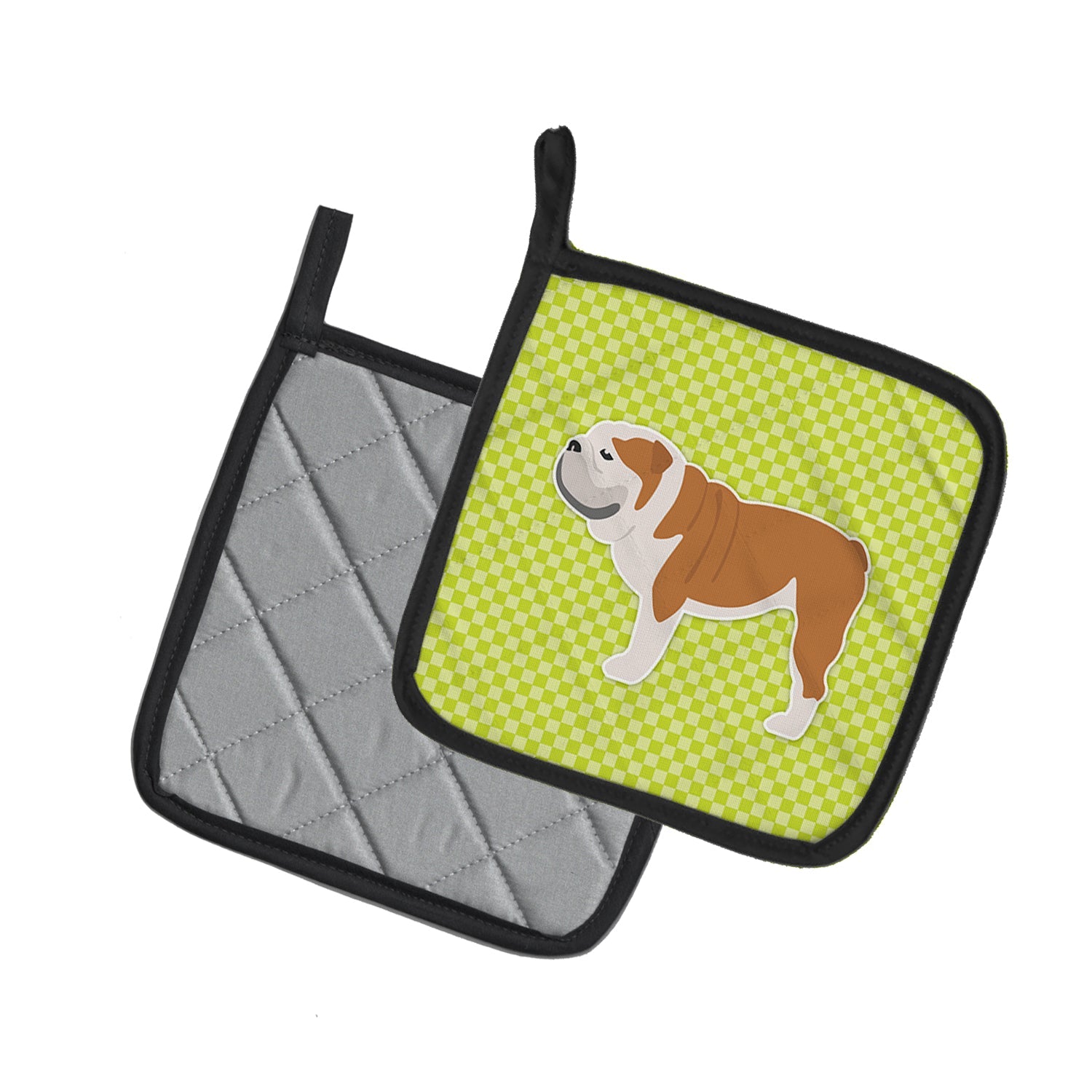 English Bulldog Checkerboard Green Pot Holder Set of 2 Heat Resistant Quilted Hot Pads 7.5 x 7.5 Inch, Insulated Kitchen Trivets for Cooking & Baking