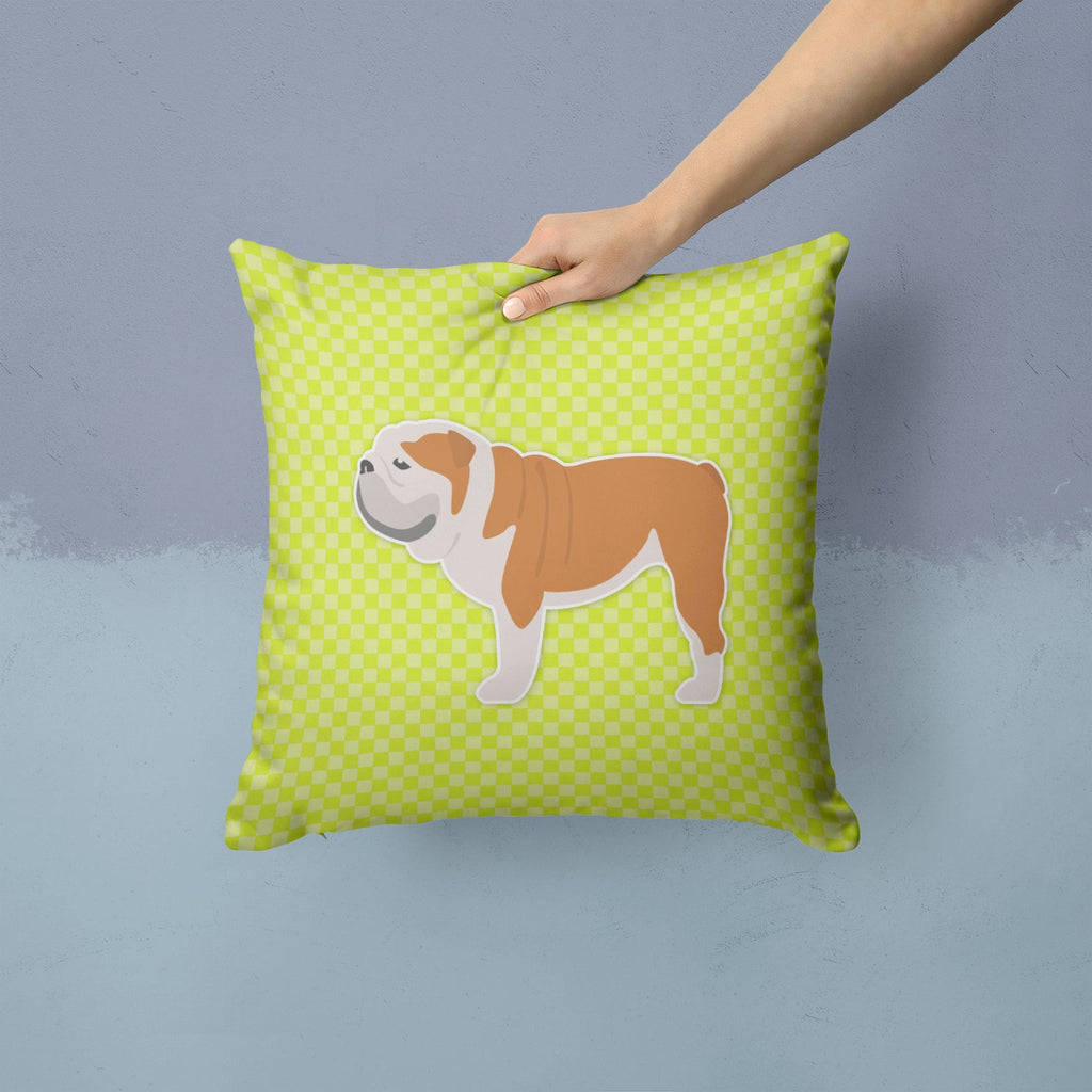 English Bulldog Checkerboard Green Decorative Throw Pillow 14x14 Indoor Outdoor Accent Cushion, Fabric Cover with Insert for Sofa, Bed, Porch & Living Room