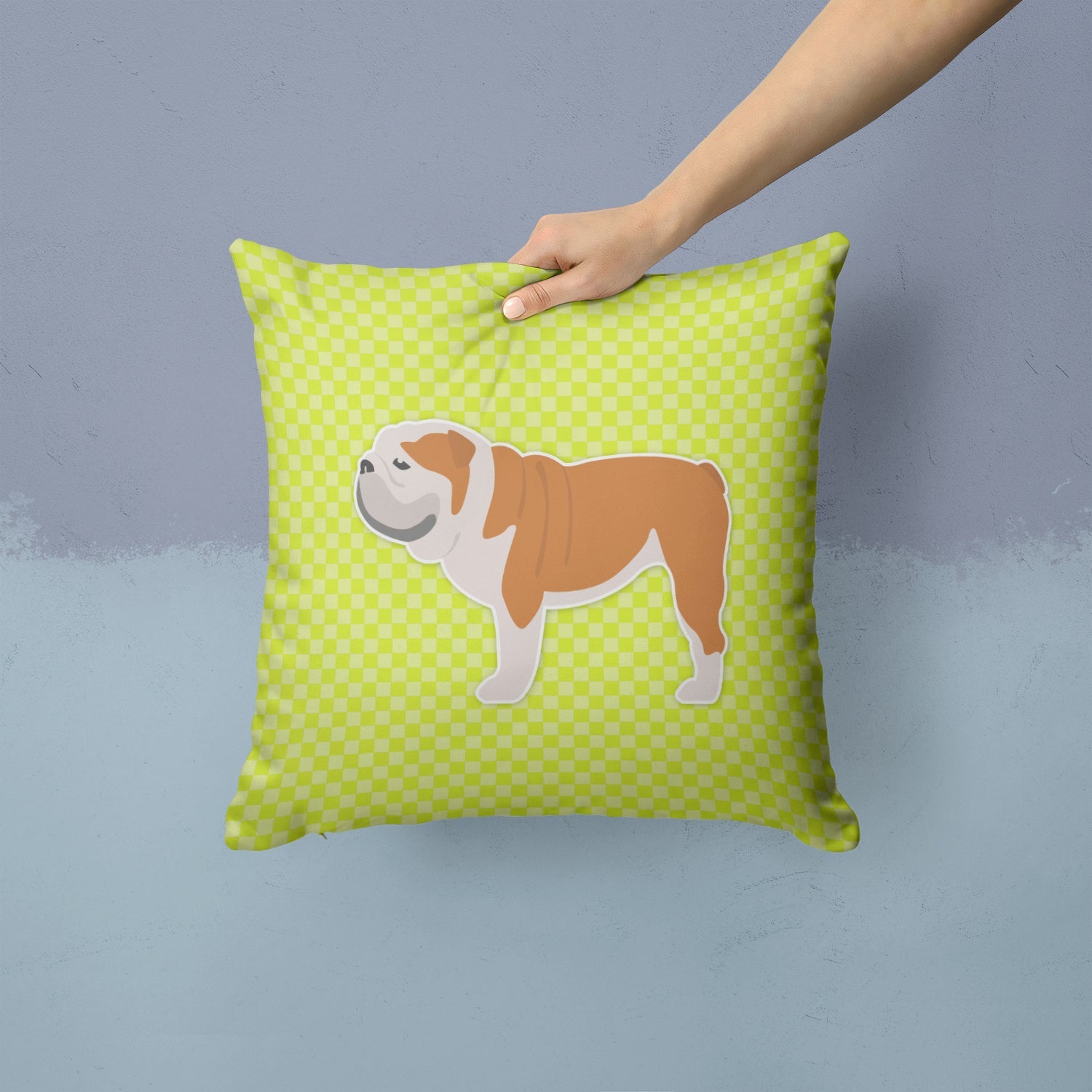English Bulldog Checkerboard Green Decorative Throw Pillow 14x14 Indoor Outdoor Accent Cushion, Fabric Cover with Insert for Sofa, Bed, Porch & Living Room