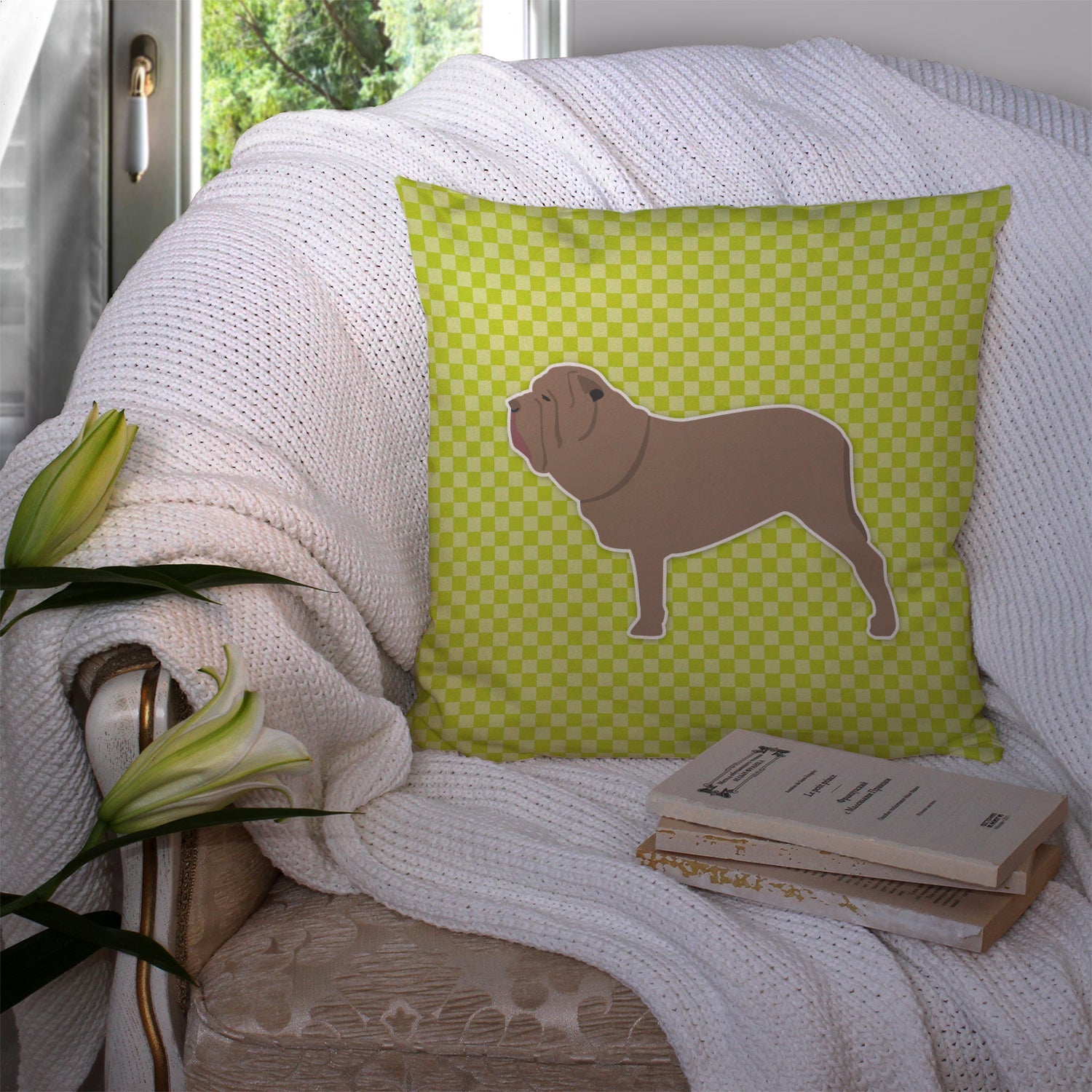 Neapolitan Mastiff Checkerboard Green Decorative Throw Pillow 14x14 Indoor Outdoor Accent Cushion, Fabric Cover with Insert for Sofa, Bed, Porch & Living Room