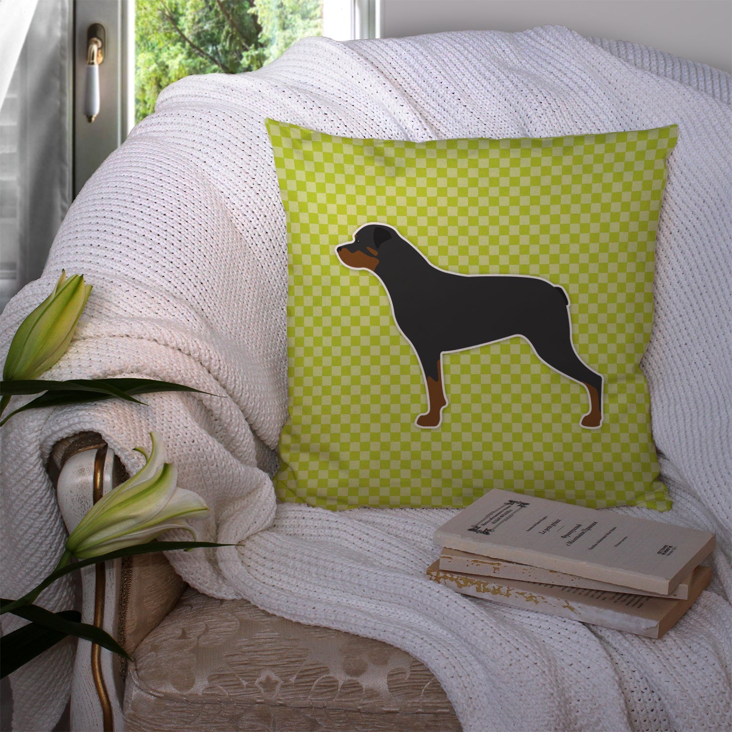 Rottweiler Checkerboard Green Decorative Throw Pillow 14x14 Indoor Outdoor Accent Cushion, Fabric Cover with Insert for Sofa, Bed, Porch & Living Room
