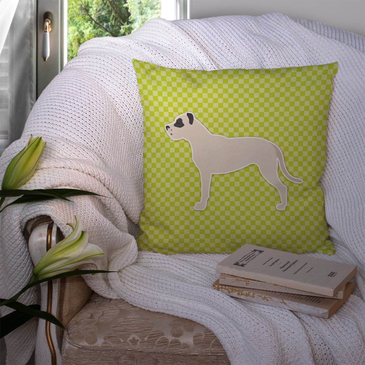 Dogo Argentino Checkerboard Green Decorative Throw Pillow 14x14 Indoor Outdoor Accent Cushion, Fabric Cover with Insert for Sofa, Bed, Porch & Living Room