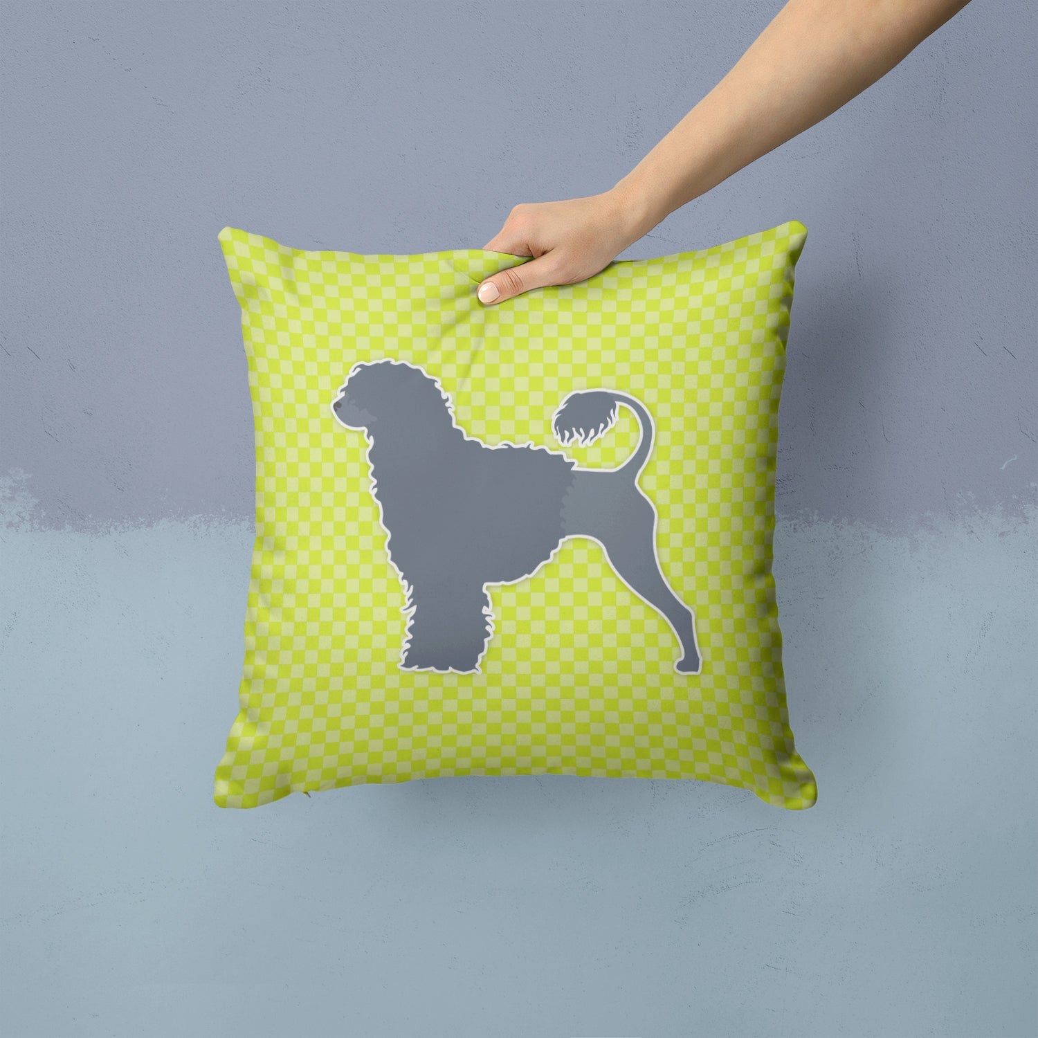 Portuguese Water Dog Checkerboard Green Decorative Throw Pillow 14x14 Indoor Outdoor Accent Cushion, Fabric Cover with Insert for Sofa, Bed, Porch & Living Room