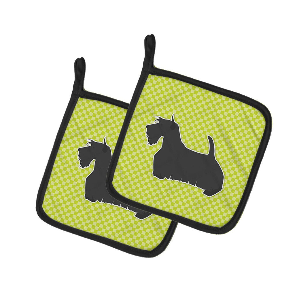 Scottish Terrier Checkerboard Green Pot Holder Set of 2 Heat Resistant Quilted Hot Pads 7.5 x 7.5 Inch, Insulated Kitchen Trivets for Cooking & Baking
