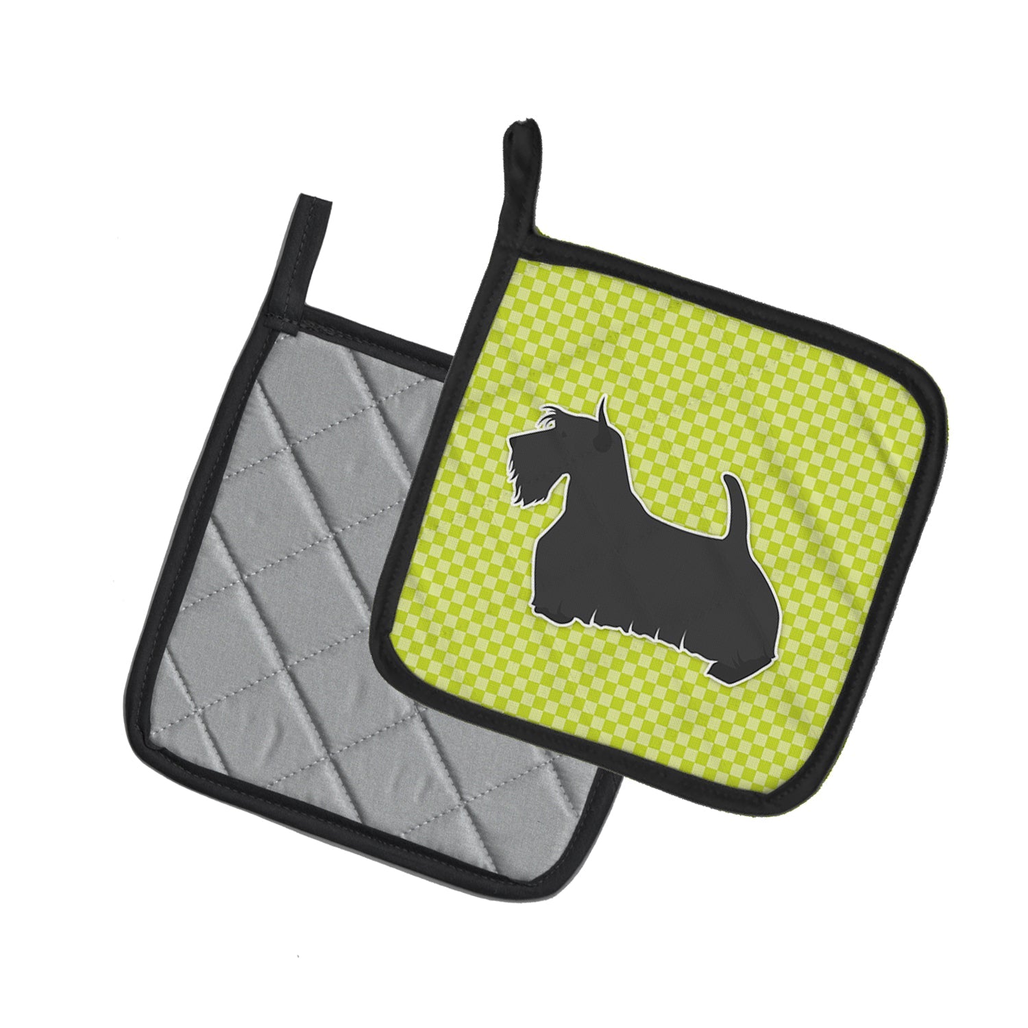 Scottish Terrier Checkerboard Green Pot Holder Set of 2 Heat Resistant Quilted Hot Pads 7.5 x 7.5 Inch, Insulated Kitchen Trivets for Cooking & Baking