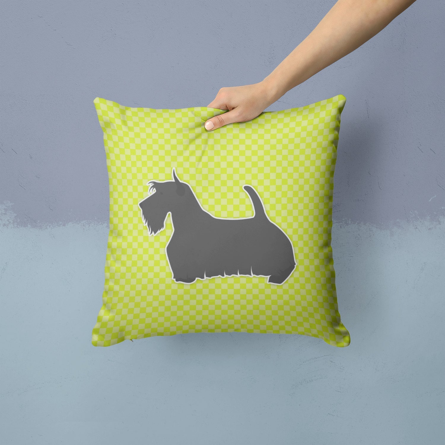 Scottish Terrier Checkerboard Green Decorative Throw Pillow 14x14 Indoor Outdoor Accent Cushion, Fabric Cover with Insert for Sofa, Bed, Porch & Living Room