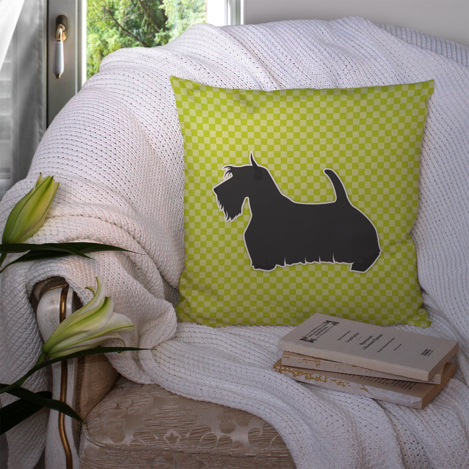 Scottish Terrier Checkerboard Green Decorative Throw Pillow 14x14 Indoor Outdoor Accent Cushion, Fabric Cover with Insert for Sofa, Bed, Porch & Living Room