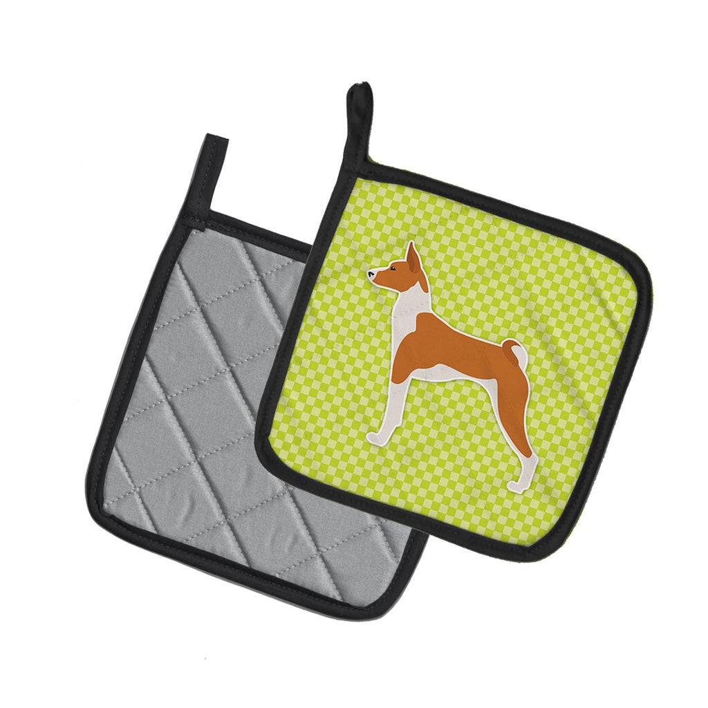 Basenji Checkerboard Green Pot Holder Set of 2 Heat Resistant Quilted Hot Pads 7.5 x 7.5 Inch, Insulated Kitchen Trivets for Cooking & Baking