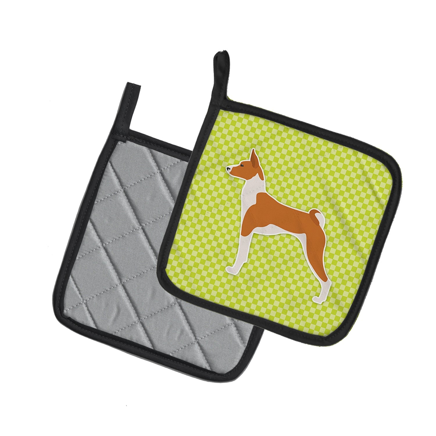 Basenji Checkerboard Green Pot Holder Set of 2 Heat Resistant Quilted Hot Pads 7.5 x 7.5 Inch, Insulated Kitchen Trivets for Cooking & Baking