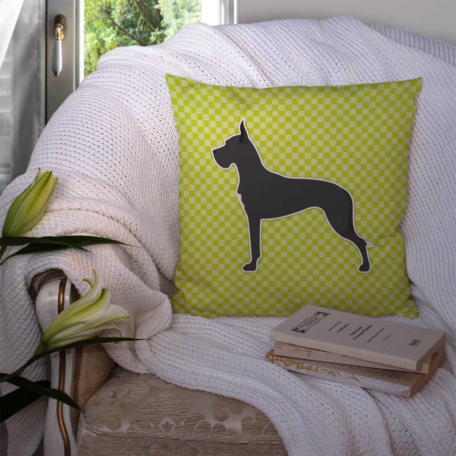 Great Dane Checkerboard Green Decorative Throw Pillow 14x14 Indoor Outdoor Accent Cushion, Fabric Cover with Insert for Sofa, Bed, Porch & Living Room