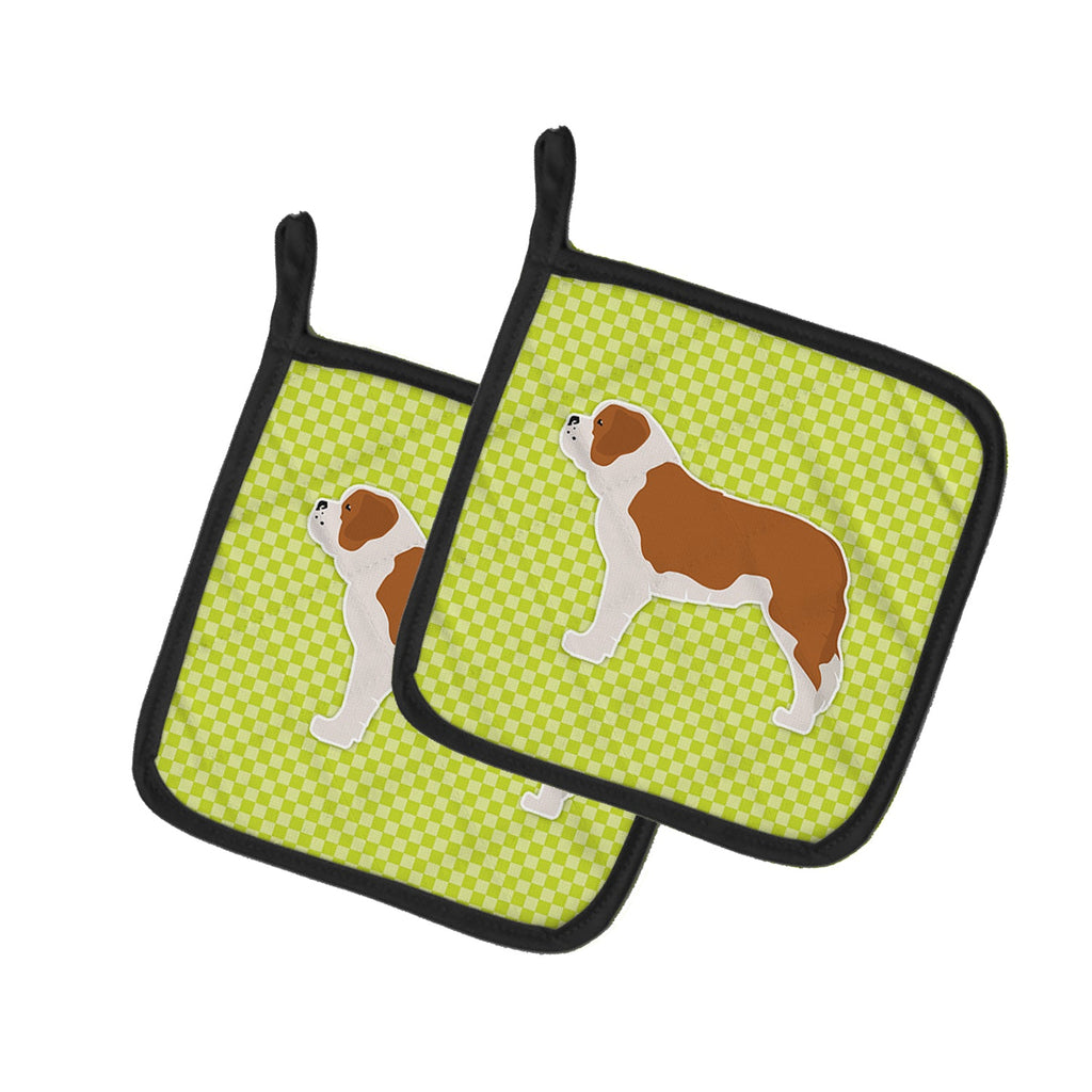 Saint Bernard Checkerboard Green Pot Holder Set of 2 Heat Resistant Quilted Hot Pads 7.5 x 7.5 Inch, Insulated Kitchen Trivets for Cooking & Baking