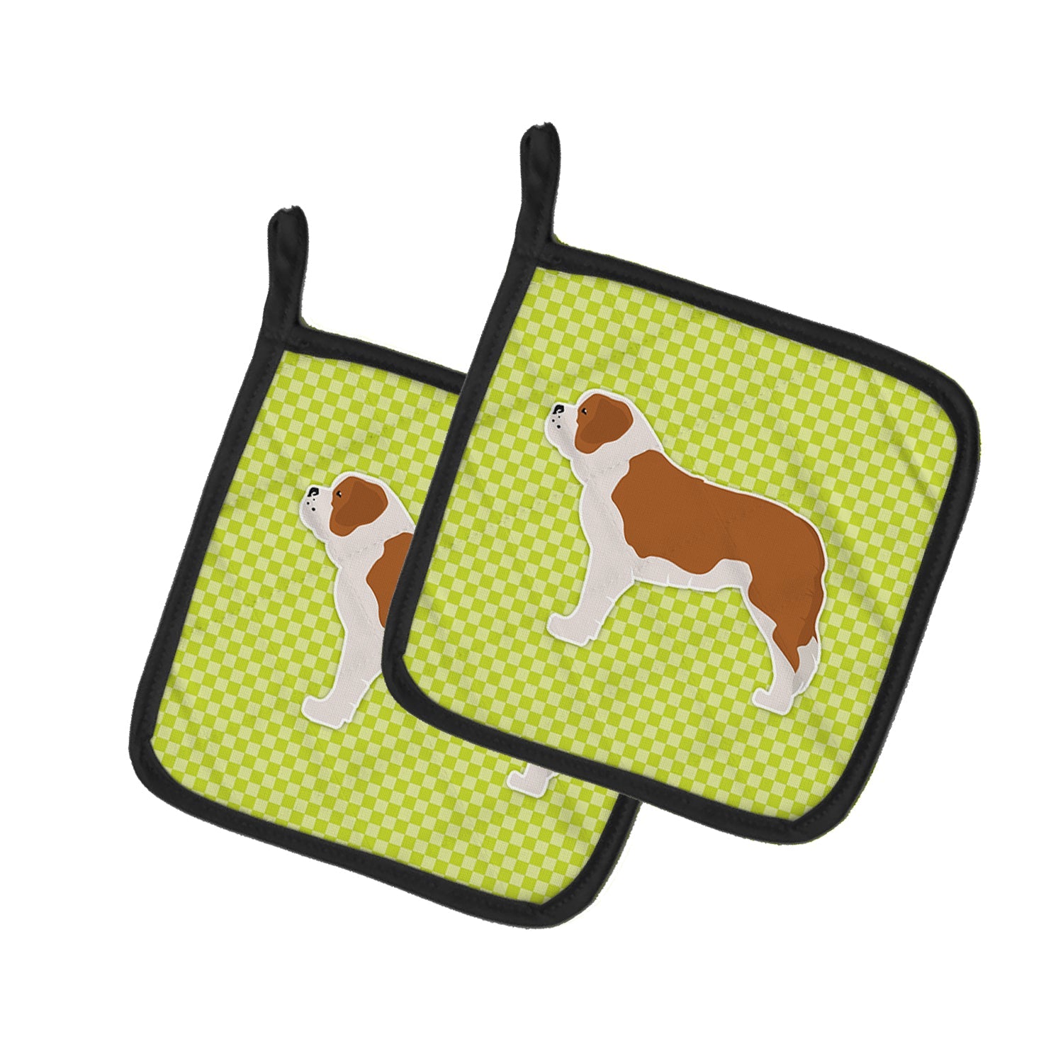 Saint Bernard Checkerboard Green Pot Holder Set of 2 Heat Resistant Quilted Hot Pads 7.5 x 7.5 Inch, Insulated Kitchen Trivets for Cooking & Baking