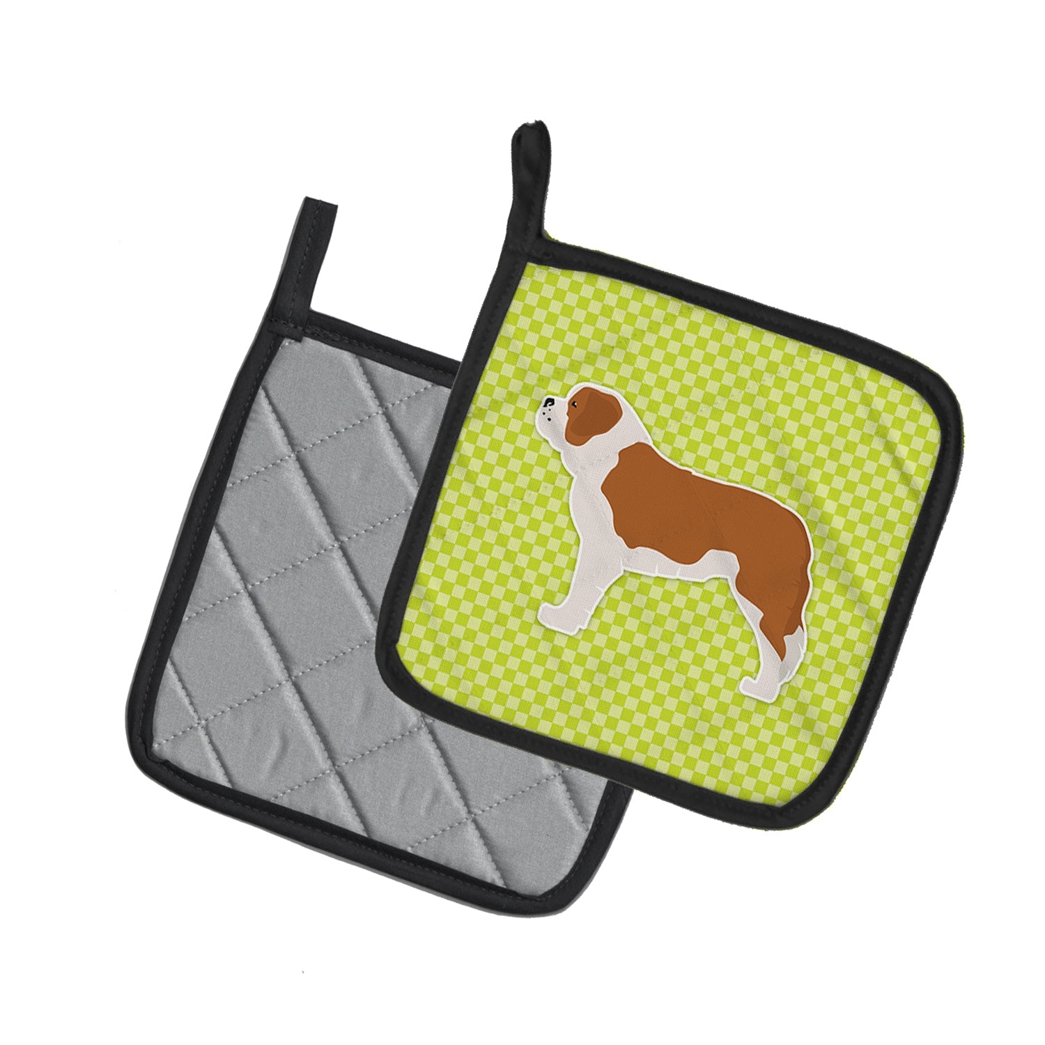 Saint Bernard Checkerboard Green Pot Holder Set of 2 Heat Resistant Quilted Hot Pads 7.5 x 7.5 Inch, Insulated Kitchen Trivets for Cooking & Baking