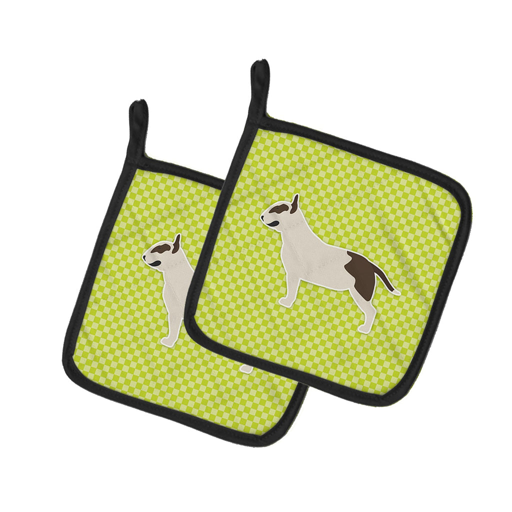 Bull Terrier Checkerboard Green Pot Holder Set of 2 Heat Resistant Quilted Hot Pads 7.5 x 7.5 Inch, Insulated Kitchen Trivets for Cooking & Baking