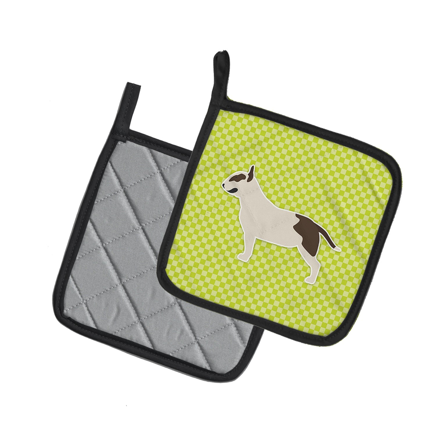 Bull Terrier Checkerboard Green Pot Holder Set of 2 Heat Resistant Quilted Hot Pads 7.5 x 7.5 Inch, Insulated Kitchen Trivets for Cooking & Baking