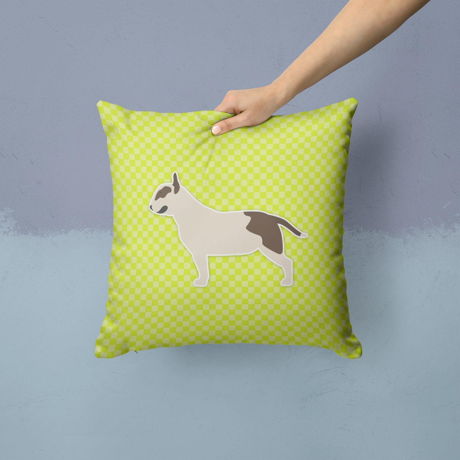 Bull Terrier Checkerboard Green Decorative Throw Pillow 14x14 Indoor Outdoor Accent Cushion, Fabric Cover with Insert for Sofa, Bed, Porch & Living Room
