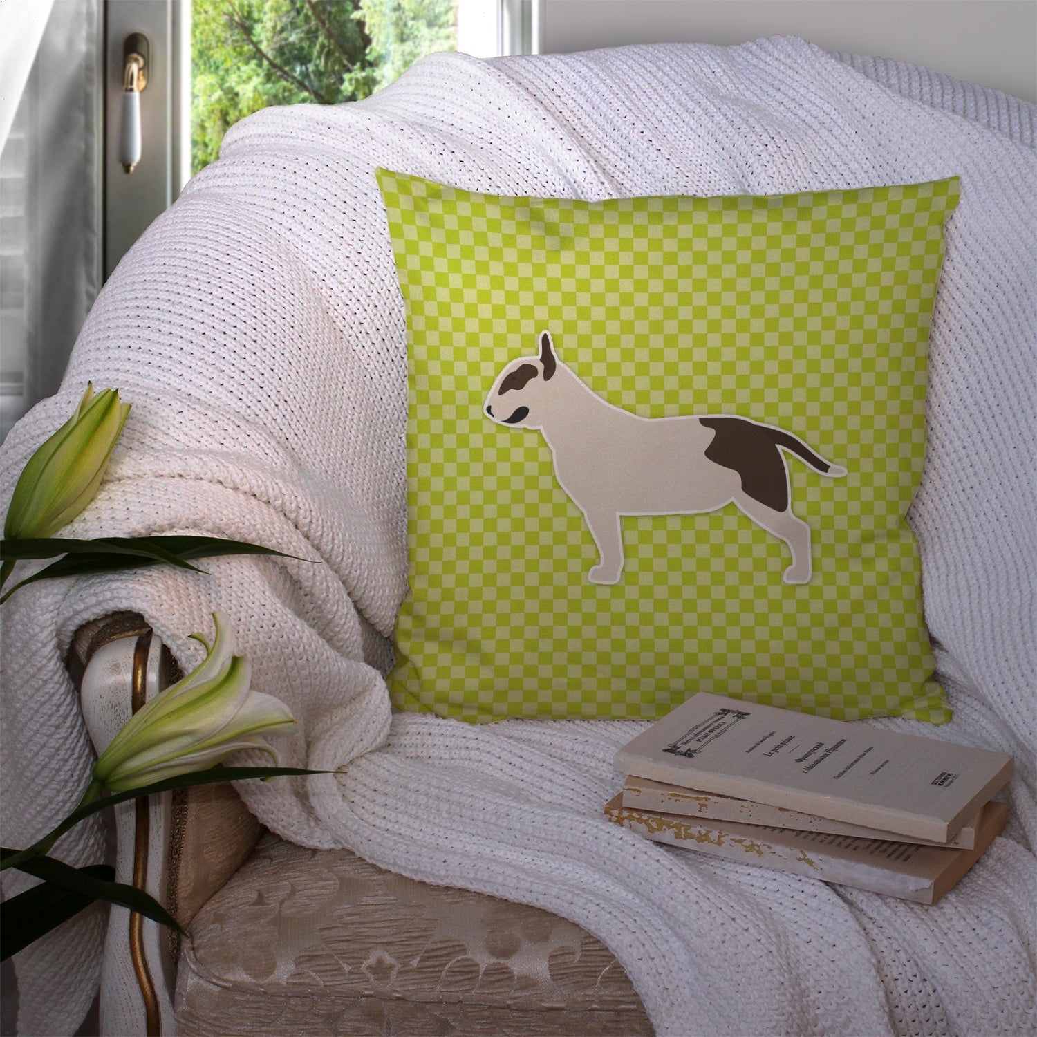 Bull Terrier Checkerboard Green Decorative Throw Pillow 14x14 Indoor Outdoor Accent Cushion, Fabric Cover with Insert for Sofa, Bed, Porch & Living Room