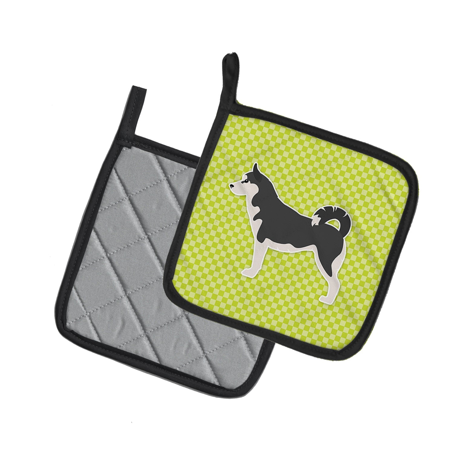 Siberian Husky Checkerboard Green Pot Holder Set of 2 Heat Resistant Quilted Hot Pads 7.5 x 7.5 Inch, Insulated Kitchen Trivets for Cooking & Baking