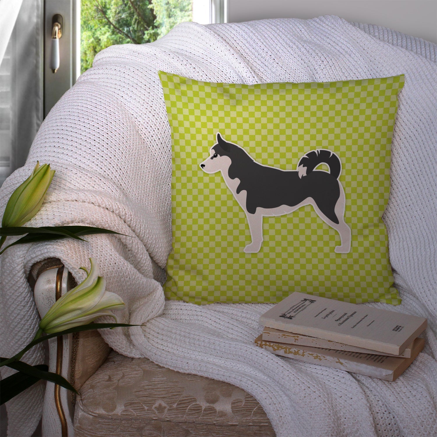 Siberian Husky Checkerboard Green Decorative Throw Pillow 14x14 Indoor Outdoor Accent Cushion, Fabric Cover with Insert for Sofa, Bed, Porch & Living Room