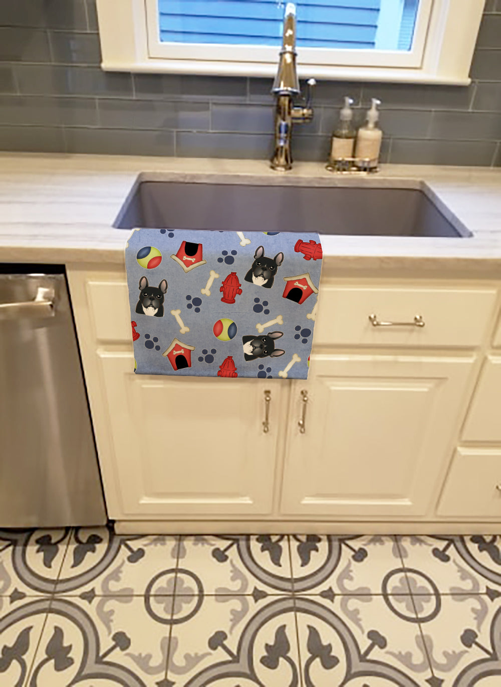 Dog House Collection French Bulldog Kitchen Towel Velour Plush Front and Cotton Loop Back Machine Washable