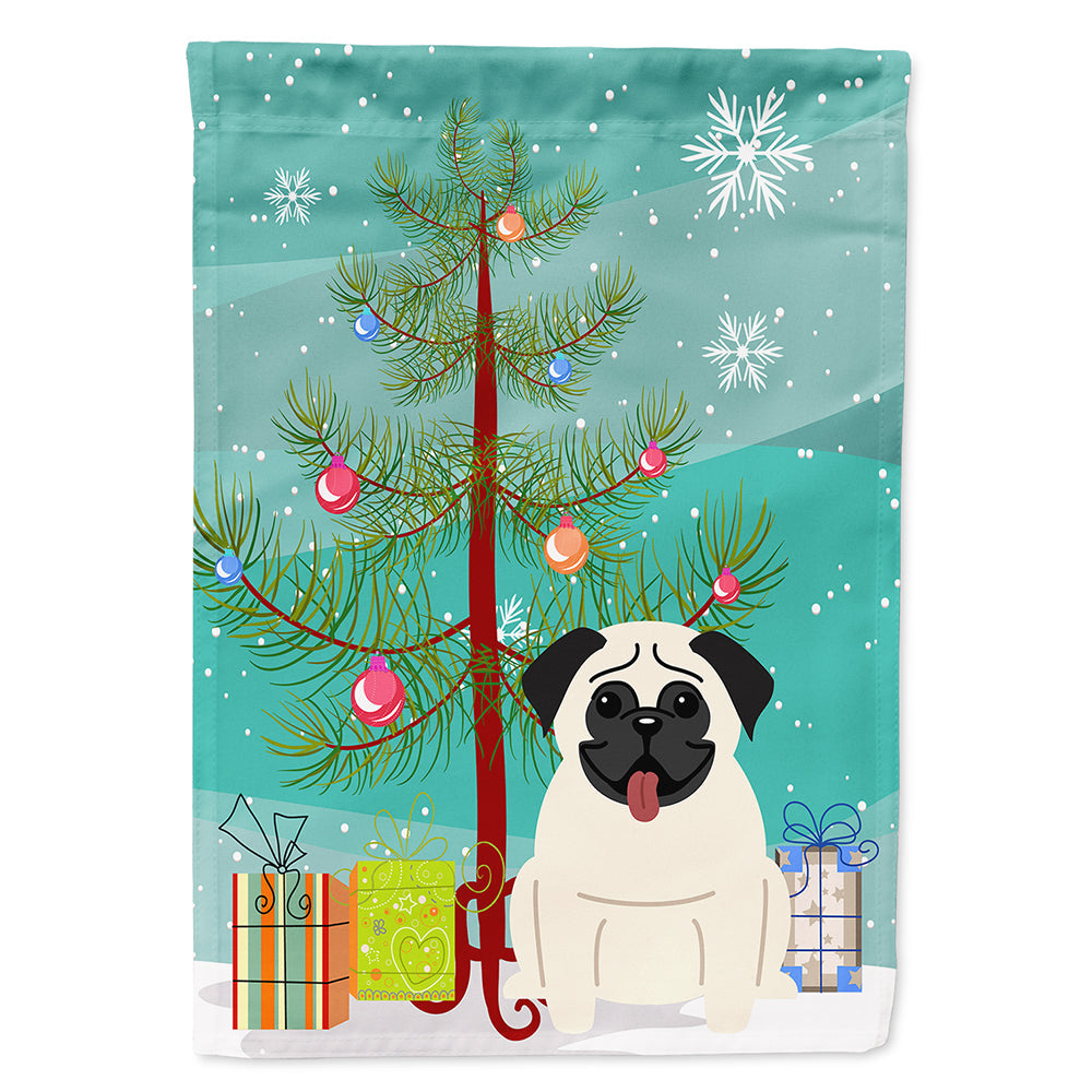 Merry Christmas Tree Pug Cream House Flag 28x40 Porch Sleeve Pole Decorative Outside Yard Banner Artwork Wall Hanging, Polyester