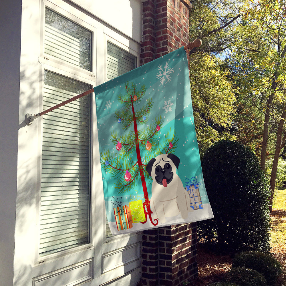 Merry Christmas Tree Pug Cream House Flag 28x40 Porch Sleeve Pole Decorative Outside Yard Banner Artwork Wall Hanging, Polyester