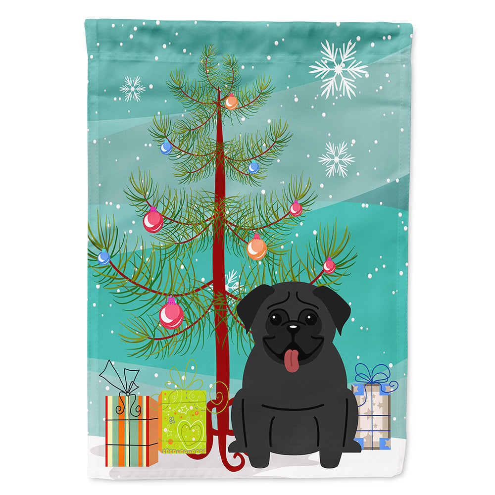 Merry Christmas Tree Pug Black House Flag 28x40 Porch Sleeve Pole Decorative Outside Yard Banner Artwork Wall Hanging, Polyester