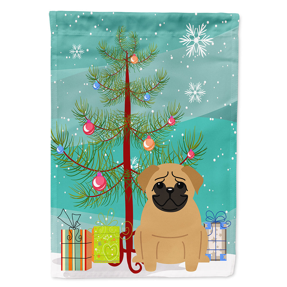 Merry Christmas Tree Pug Brown House Flag 28x40 Porch Sleeve Pole Decorative Outside Yard Banner Artwork Wall Hanging, Polyester