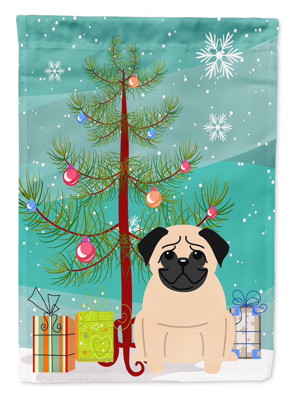 Merry Christmas Tree Pug Fawn House Flag 28x40 Porch Sleeve Pole Decorative Outside Yard Banner Artwork Wall Hanging, Polyester