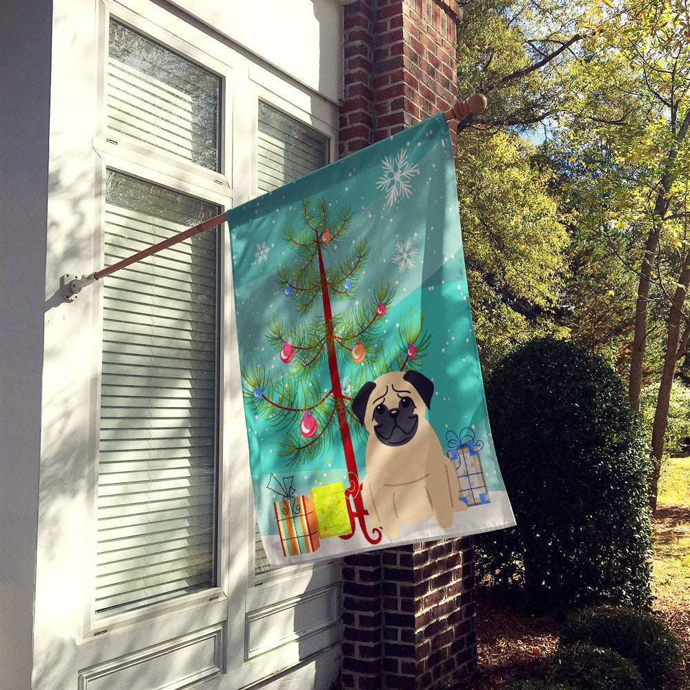 Merry Christmas Tree Pug Fawn House Flag 28x40 Porch Sleeve Pole Decorative Outside Yard Banner Artwork Wall Hanging, Polyester