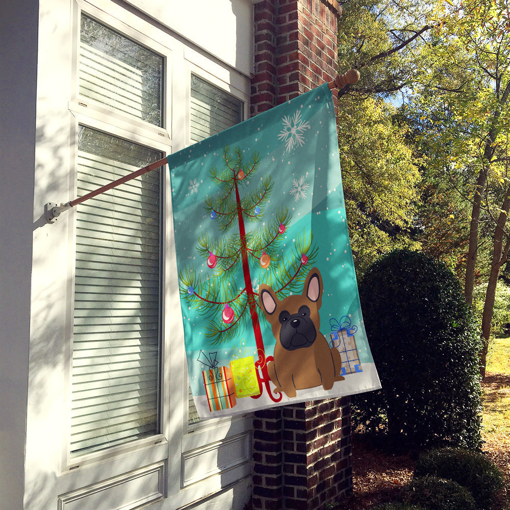 Merry Christmas Tree French Bulldog Brown House Flag 28x40 Porch Sleeve Pole Decorative Outside Yard Banner Artwork Wall Hanging, Polyester