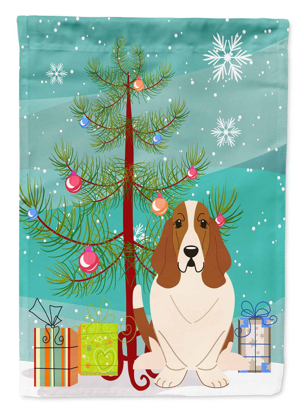 Merry Christmas Tree Basset Hound House Flag 28x40 Porch Sleeve Pole Decorative Outside Yard Banner Artwork Wall Hanging, Polyester