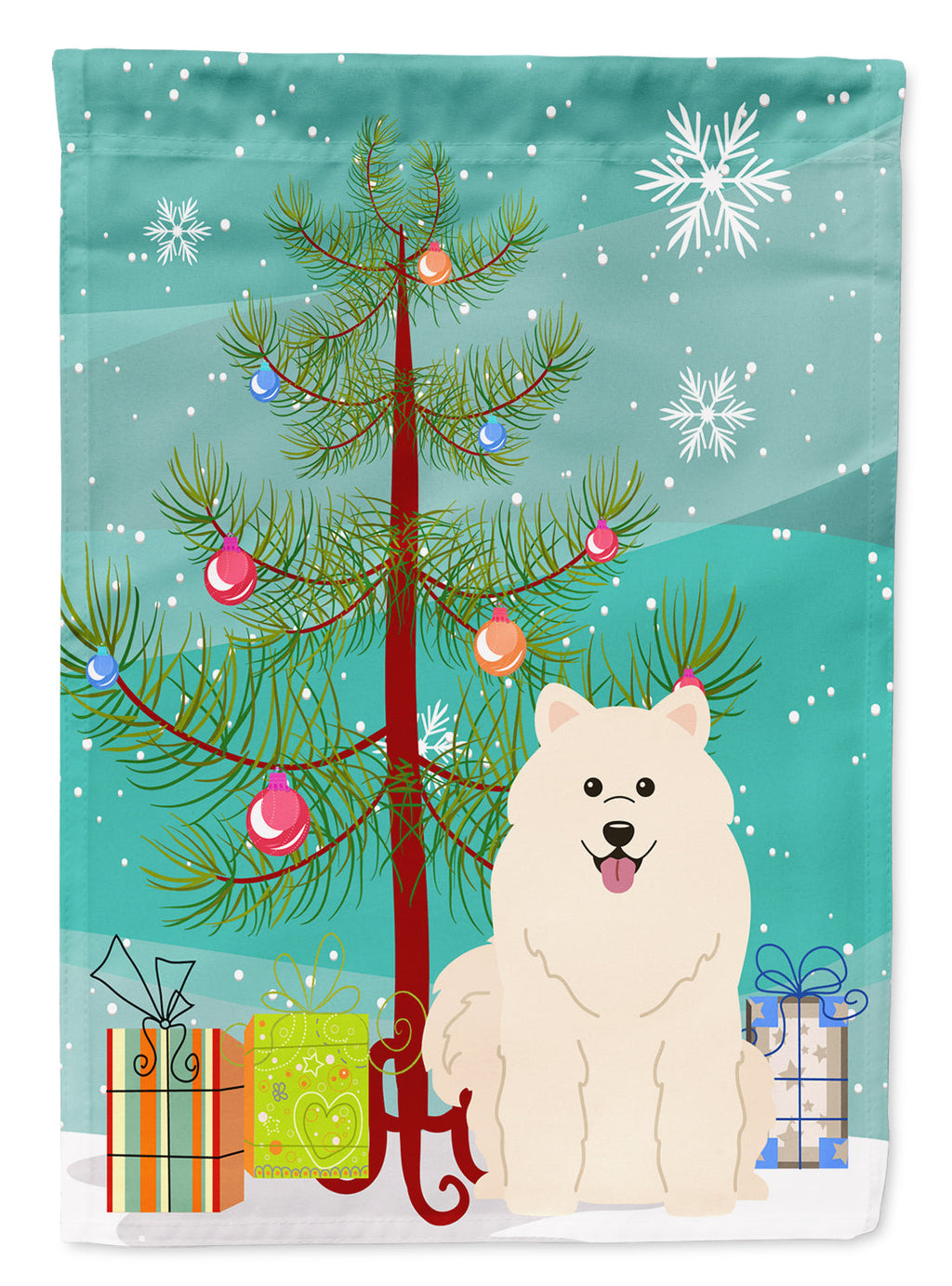 Merry Christmas Tree Samoyed House Flag 28x40 Porch Sleeve Pole Decorative Outside Yard Banner Artwork Wall Hanging, Polyester