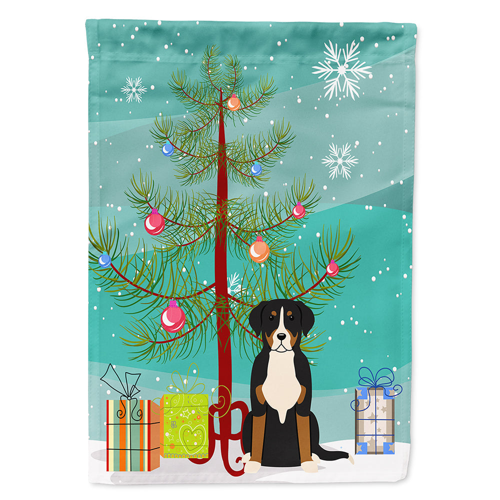 Merry Christmas Tree Greater Swiss Mountain Dog House Flag 28x40 Porch Sleeve Pole Decorative Outside Yard Banner Artwork Wall Hanging, Polyester